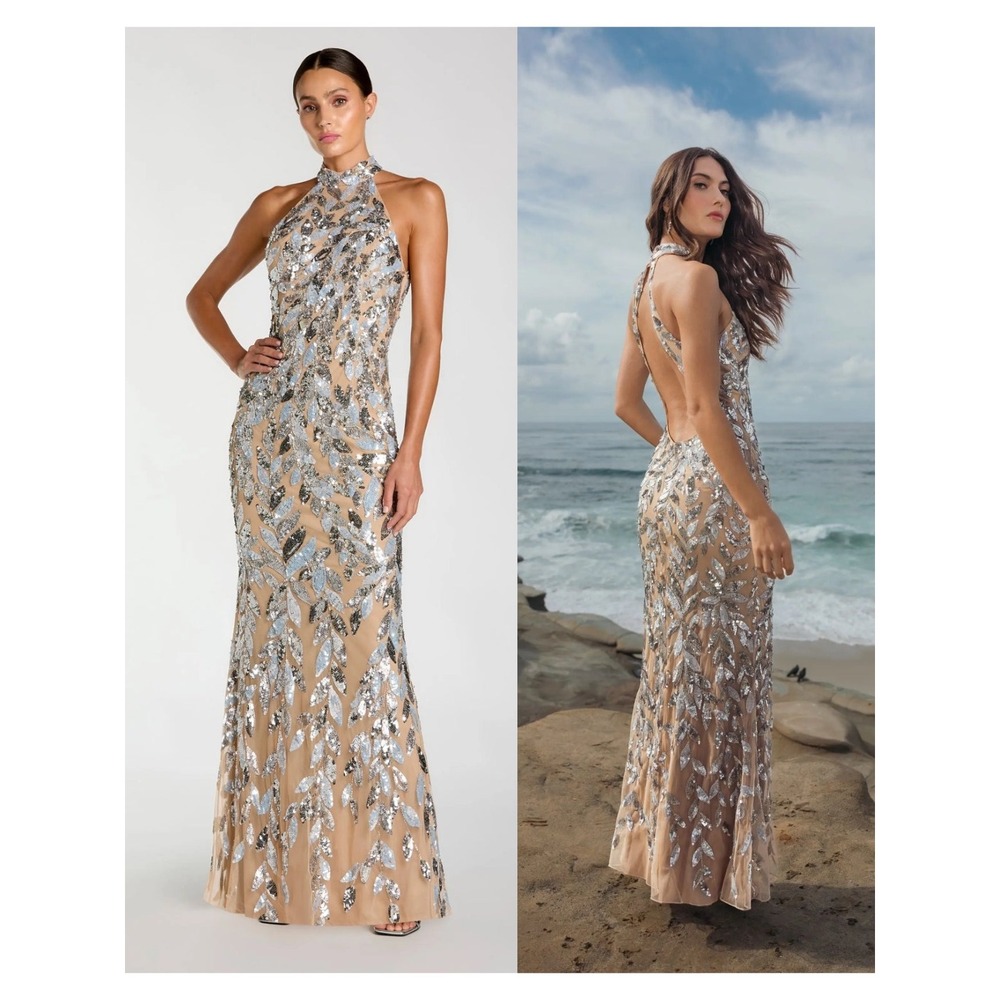 Mac Duggal‎ Silver Sequin Halter Backless Column Gown $798 - Size 8